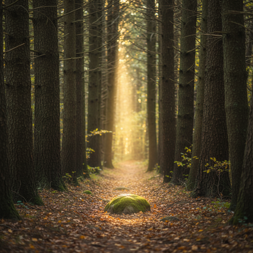 A narrow, well-trodden forest path winding gently through tall, ancient trees, their textured bark rich with detail. Fallen leaves in muted golds and browns softly carpet the ground. In the distance, a subtle opening in the canopy allows a beam of warm sunlight to pour down, illuminating a small, moss-covered stone at the path’s bend. Photographic realism with a low-angle perspective places the viewer at path level, drawing the eye forward toward the light. The background fades into soft bokeh greenery, suggesting mystery and depth. The mood is contemplative and hopeful, a visual metaphor for walking by faith and discovering that God’s way is not folly but quiet wisdom.