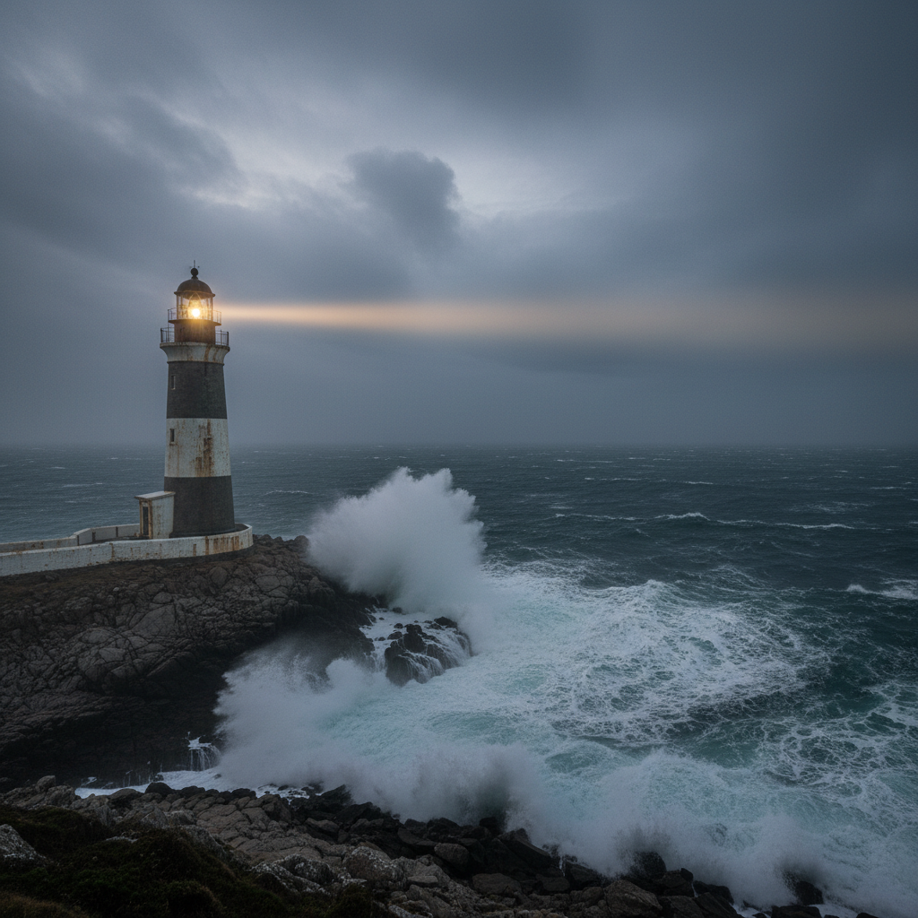 A single, sturdy lighthouse standing on a rocky coastline, its white and stone surface weathered yet solid, facing a vast, turbulent sea under a brooding sky. Waves crash against the jagged rocks below, sending up fine mist. The lighthouse beam cuts through early dawn fog, a clear, focused light in the semi-darkness. Photographic realism with a wide-angle lens captures the full structure in the left third of the frame, the restless ocean stretching into the distance. Soft blue-gray tones are contrasted by the warm, focused beam, symbolizing the steady guidance of God's Word amid modern faith questions, creating a mood of hope and steadfastness.