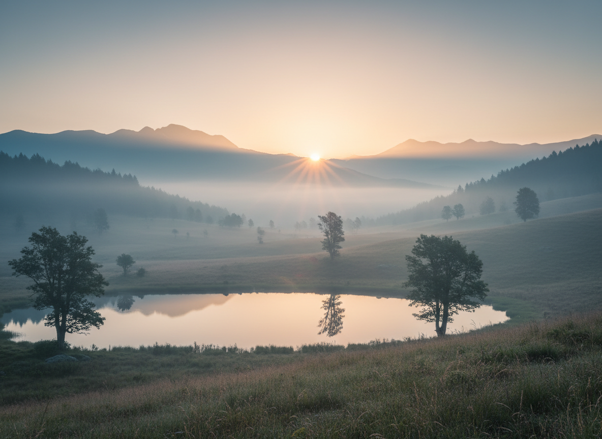 A vast, contemplative natural landscape at dawn: rolling hills or a still mountain lake shrouded in soft morning mist, with warm golden light breaking gently across the horizon. A sense of transcendence, stillness, and sanctuary. Photographic realism, wide cinematic composition, refined and sophisticated, muted cool tones warmed by the rising sun. No people, no overt religious symbols. Atmospheric depth, subtle bokeh, editorial quality.